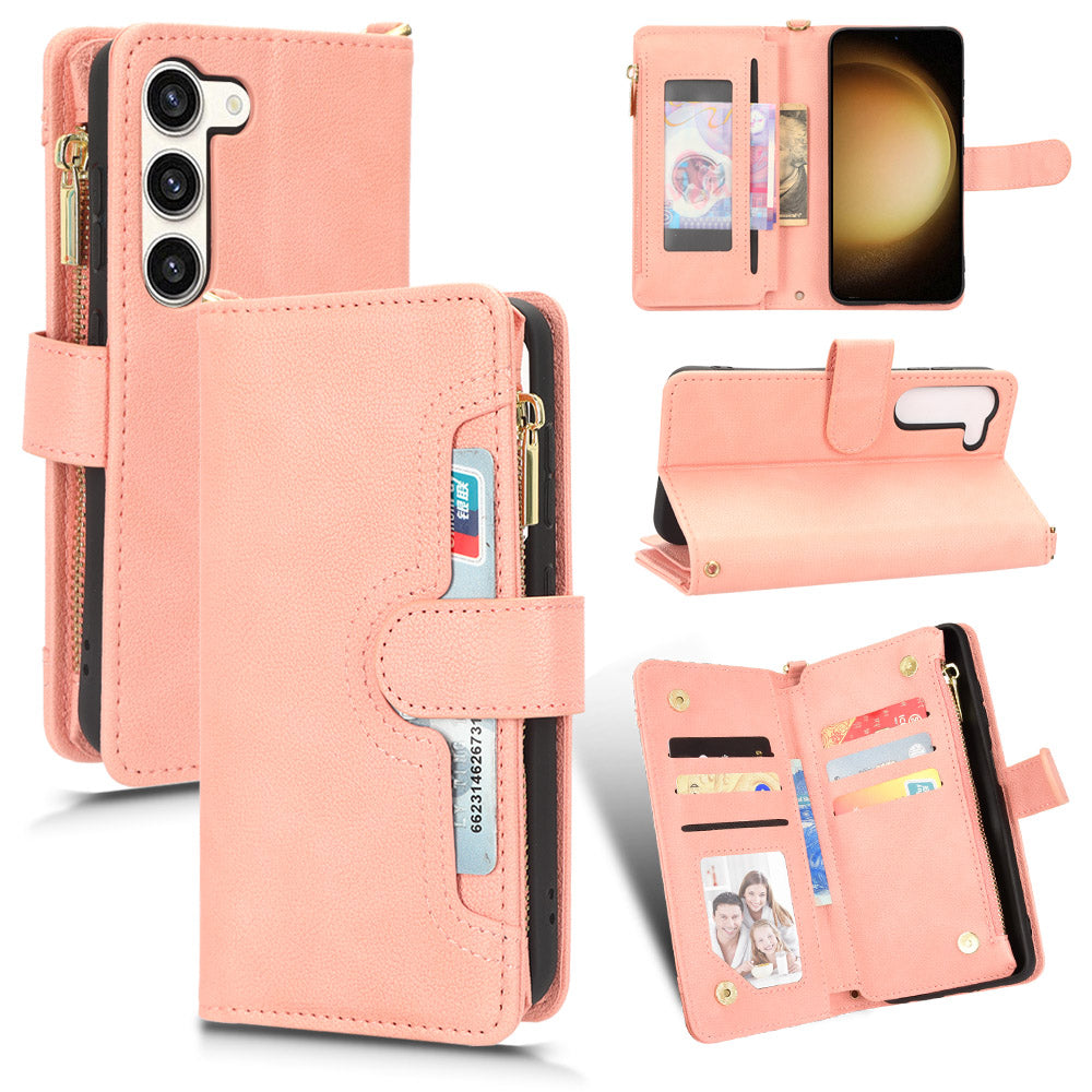 For Samsung Galaxy S23 Anti-fall Wallet Zipper Pocket Phone Case Cellphone Cover with 2 Straps For Samsung Galaxy S23 Anti-fall Wallet Zipper Pocket Phone Case Cellphone Cover with 2 Straps
